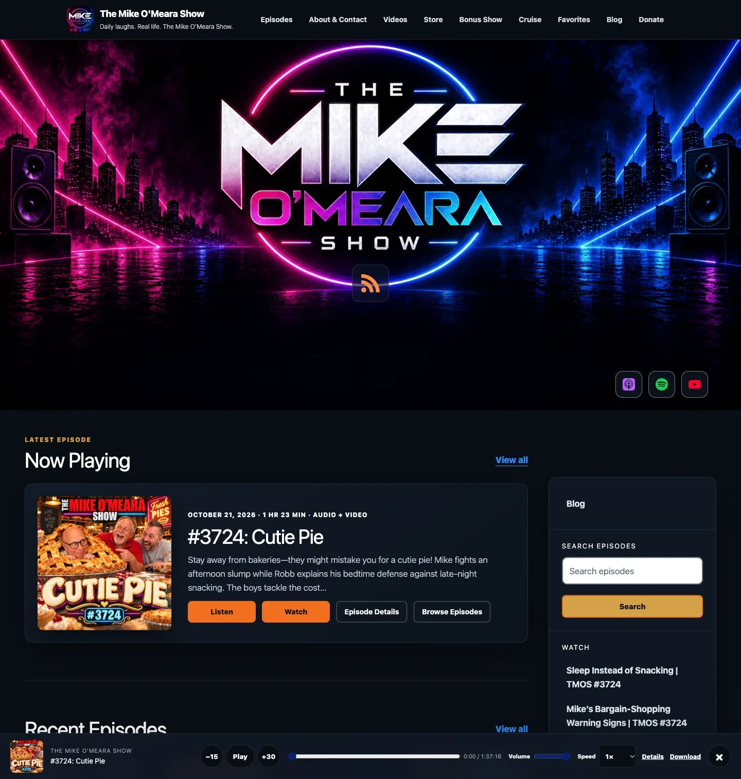 The Mike O’Meara Show’s real PodStreet Home with show artwork and its latest episode