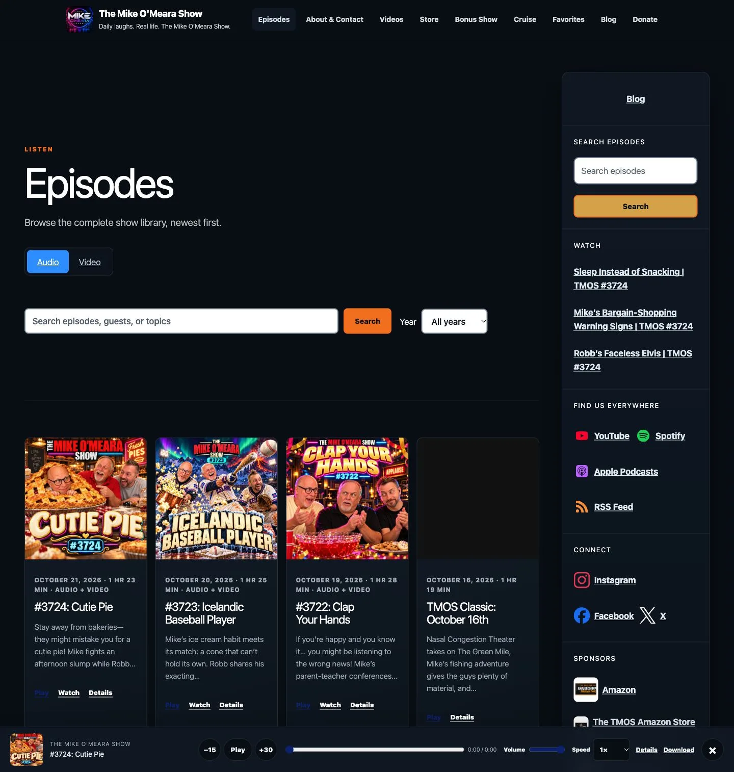 The Mike O’Meara Show episode library with imported episodes and search